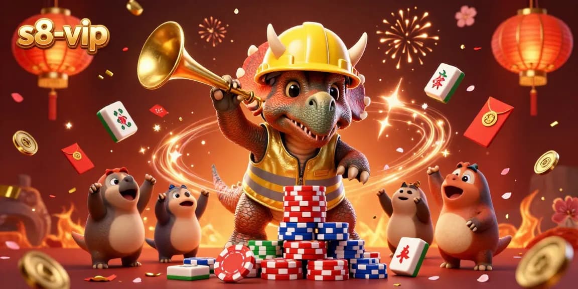 Experience the excitement at s8-vip with a vibrant 3D casino scene filled with animated characters and festive elements.