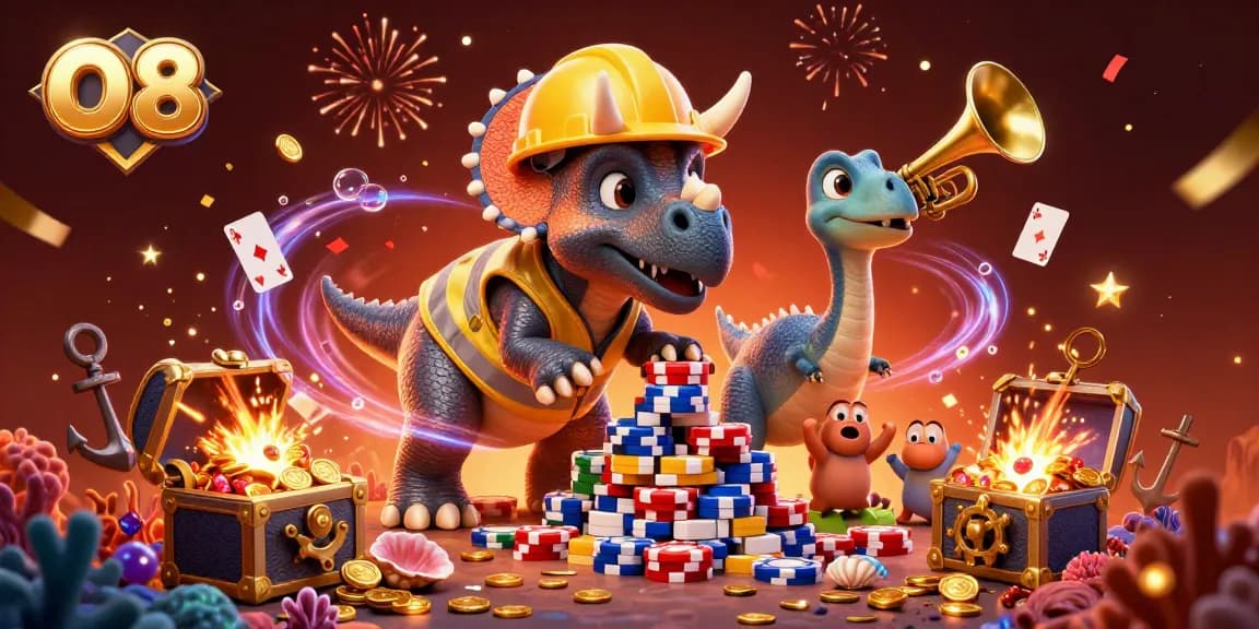 Experience the excitement of O8's vibrant casino world with a dynamic scene of cartoon characters celebrating amidst treasure and game elements.