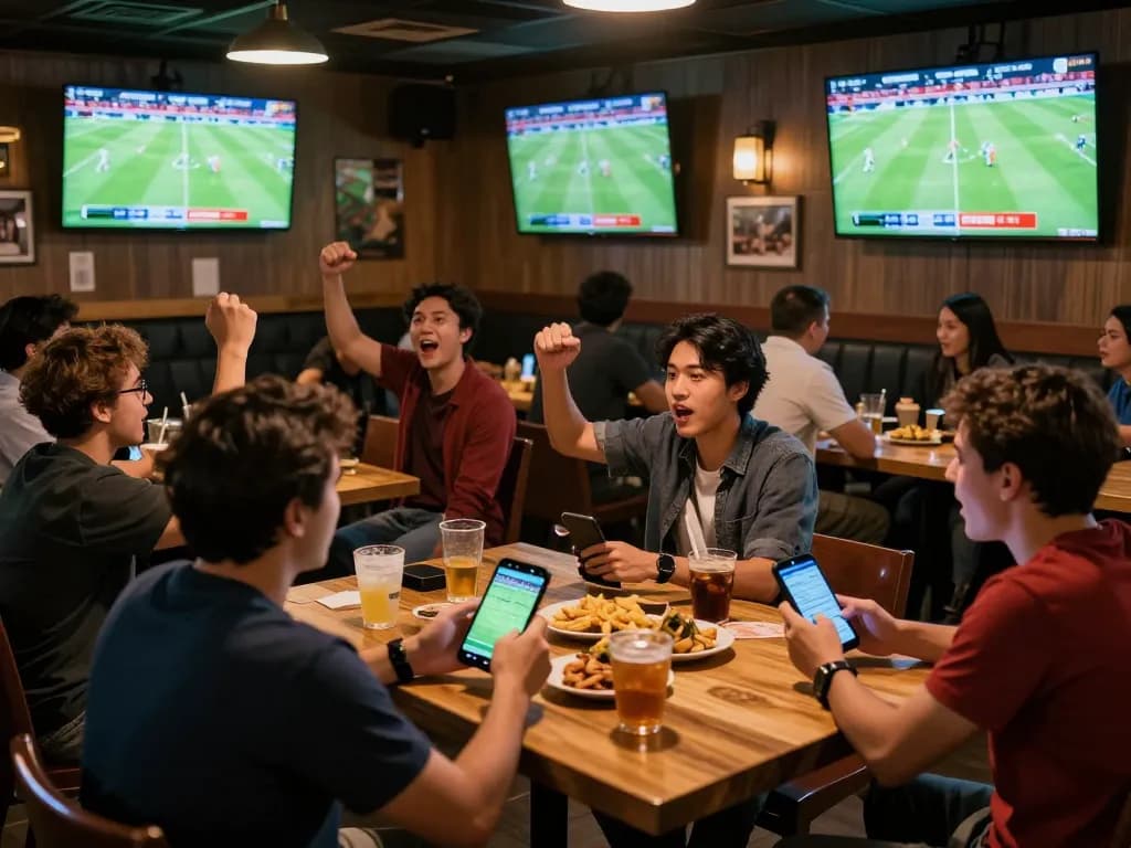 Fans passionately engaging with kèo nhà cái hôm nay while watching a live football match at a sports bar.