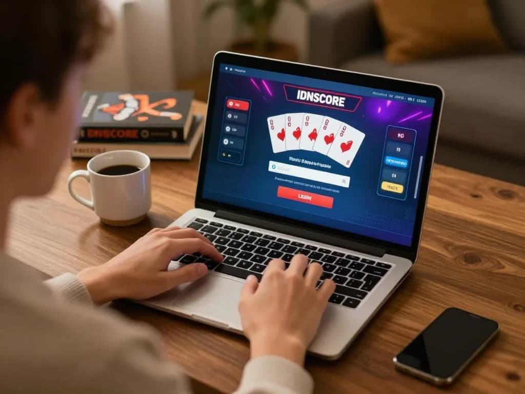 IDNSCORE LOGIN experience with a player engaged in an online game at home, laptop showing poker interface