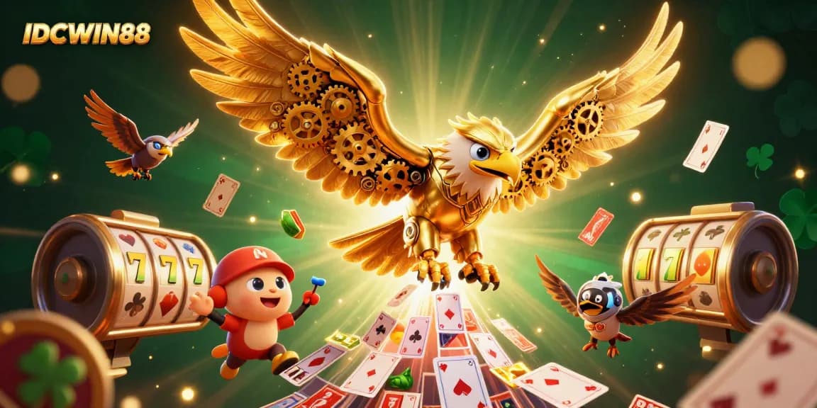 Experience thrilling gameplay with IDCWIN88, featuring a cybernetic eagle amidst vibrant slot elements.