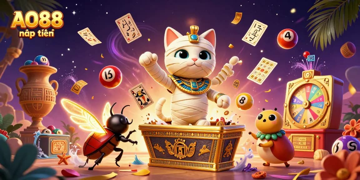 Engage with AO88 nạp tiền in an exciting pyramid casino scene, featuring a mummy cat and scarab beetle.