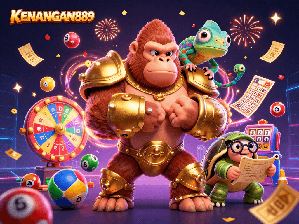 Engage with KENANGAN889's thrilling lottery scene featuring vibrant balls and celebratory effects.