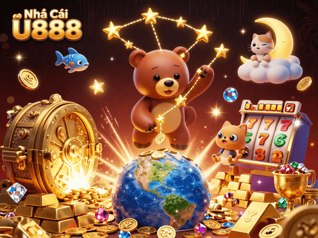 Engage with the playful scene of Nhà Cái U888 featuring stellar characters scooping coins amidst vibrant casino elements.