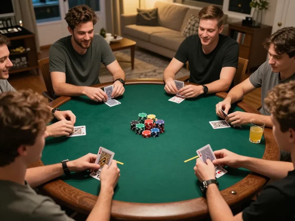 78win players enjoying an exciting home poker night, showcasing strategy and fun.
