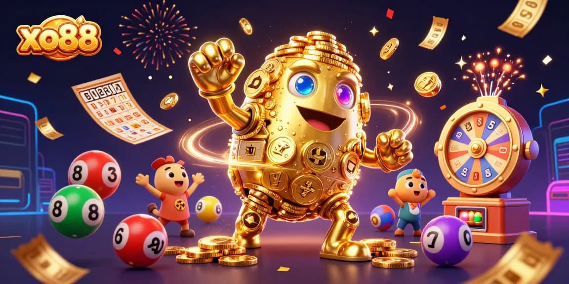 Engage with the excitement of xo88 as a golden golem and lottery elements create a spectacular casino scene.
