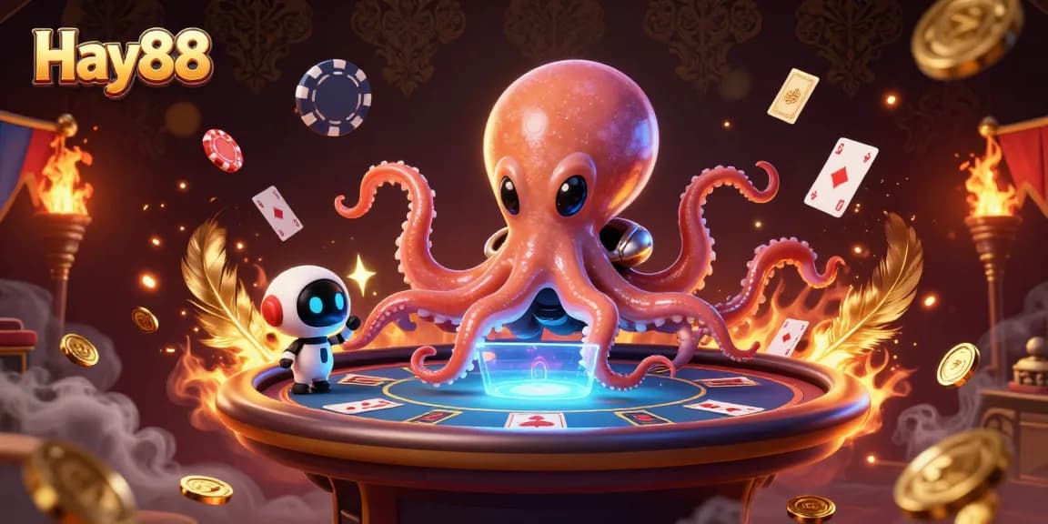 Hay88 players experiencing a vibrant poker adventure with a cartoon alien octopus at a dynamic table.