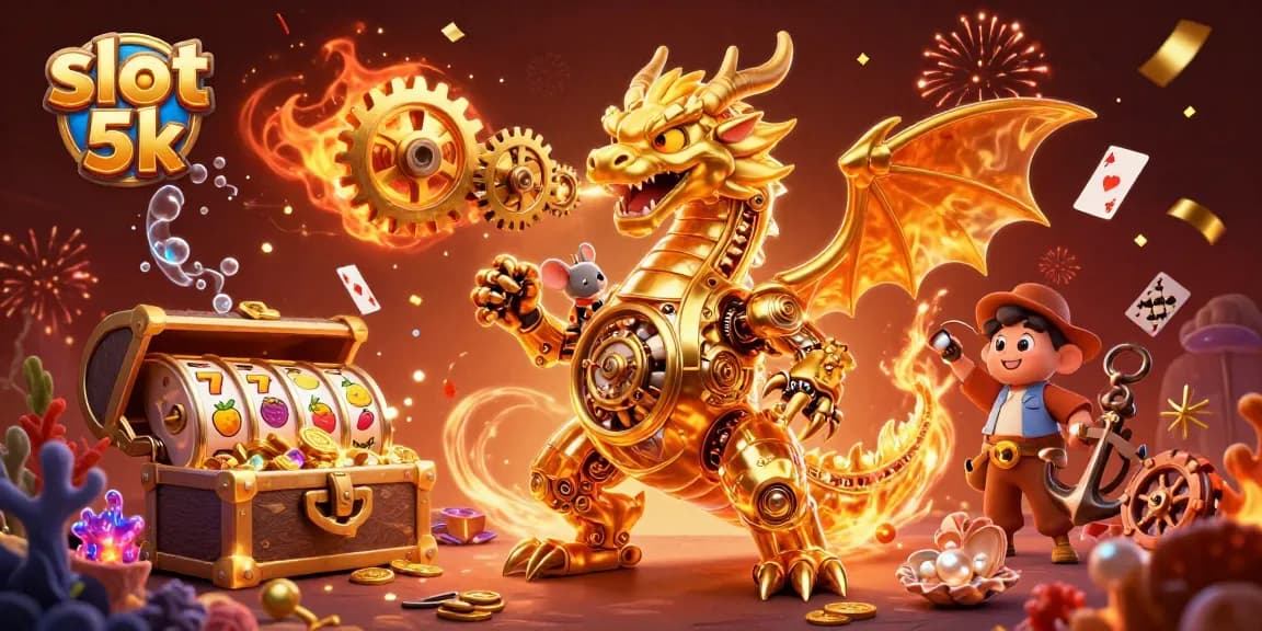 Experience the excitement of slot 5k with a dynamic golden dragon illustration amidst treasure.