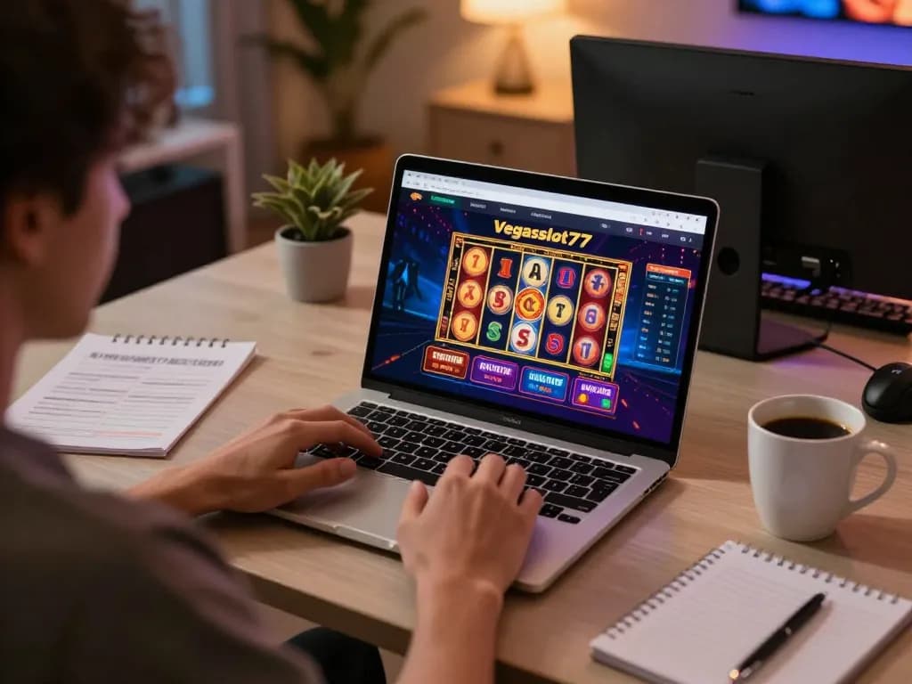Engaging with the vegasslot77 platform, enjoying online games, cozy gaming setup.