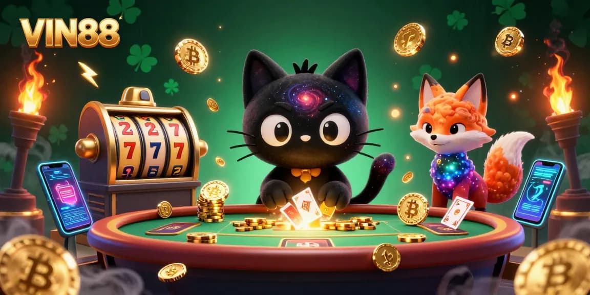 Engage in winning strategies at VIN88 with thrilling cosmic casino games featuring golden chips and colorful characters.