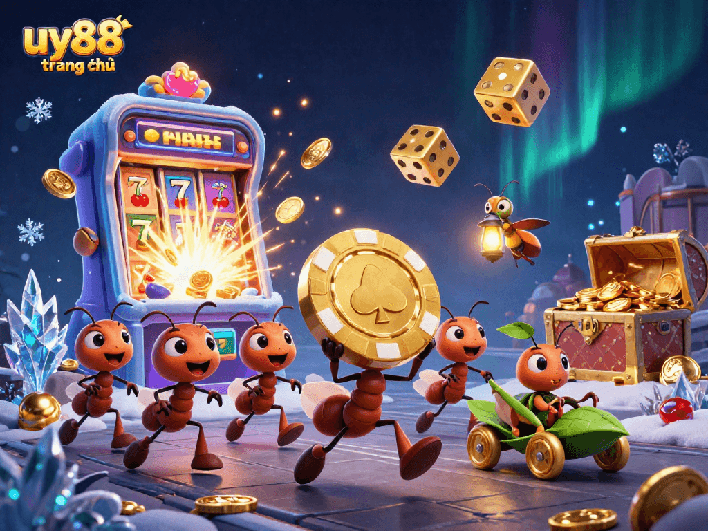 Engaging 3D heist scene featuring ants carrying a golden poker chip illustrating uy88 trang chủ for gamers.