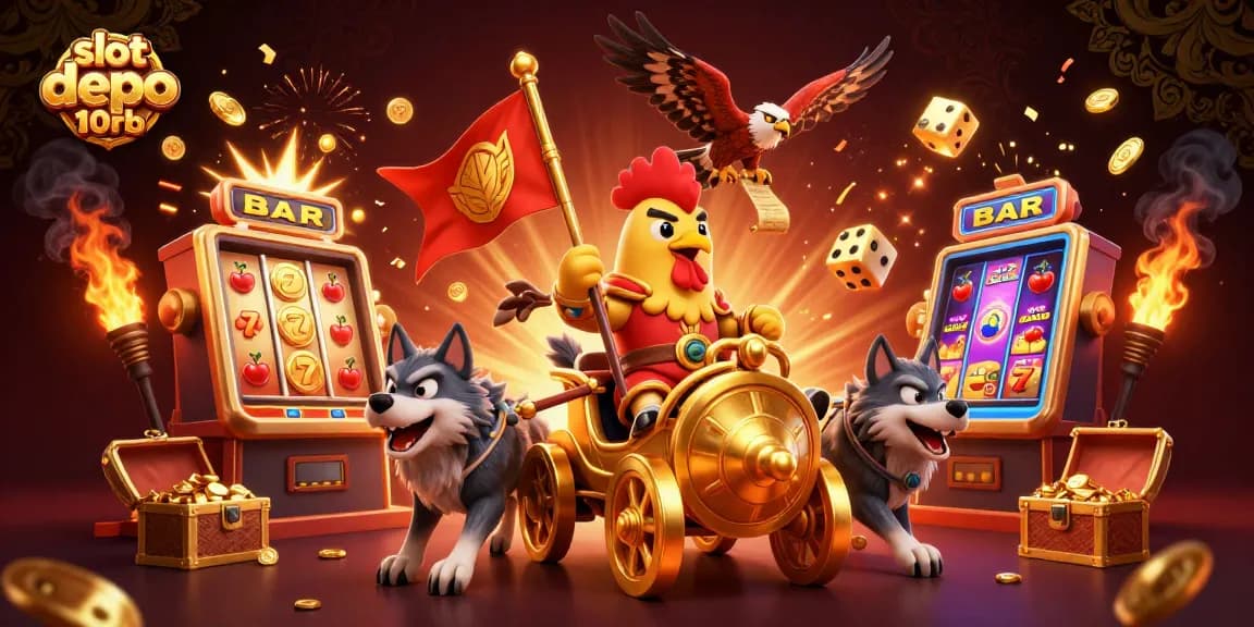 Win big with slot depo 10rb featuring a vibrant casino scene packed with cartoon characters and jackpots!