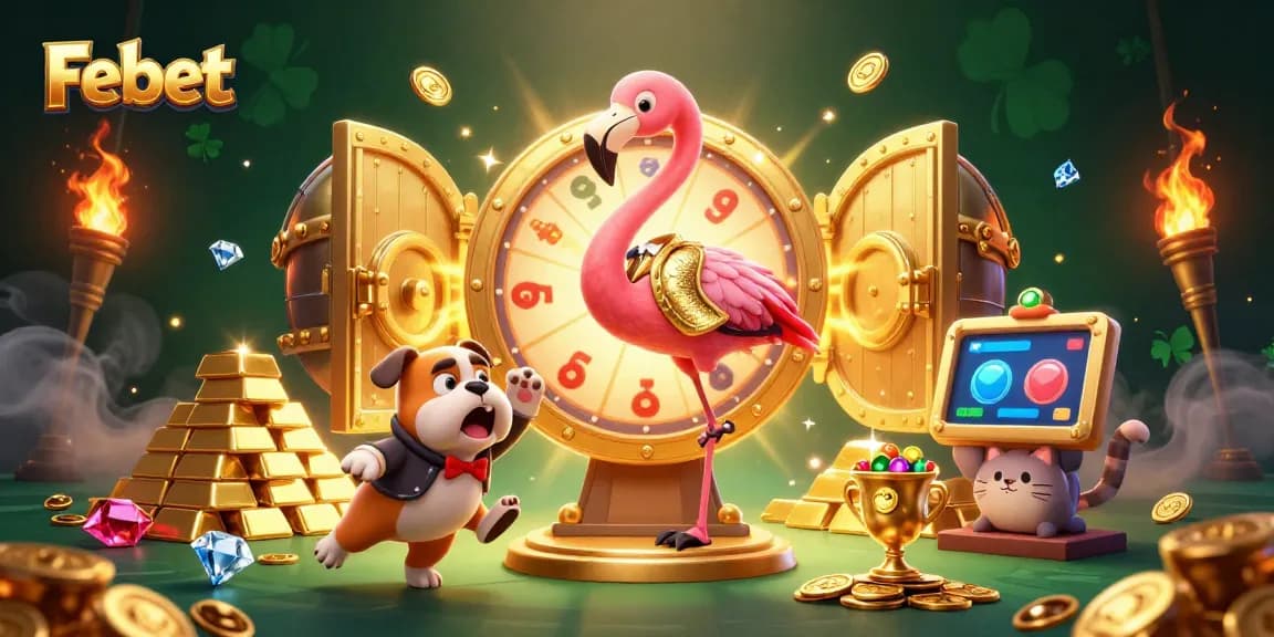 Win exciting prizes with Febet in an engaging casino game show scene with gold elements.