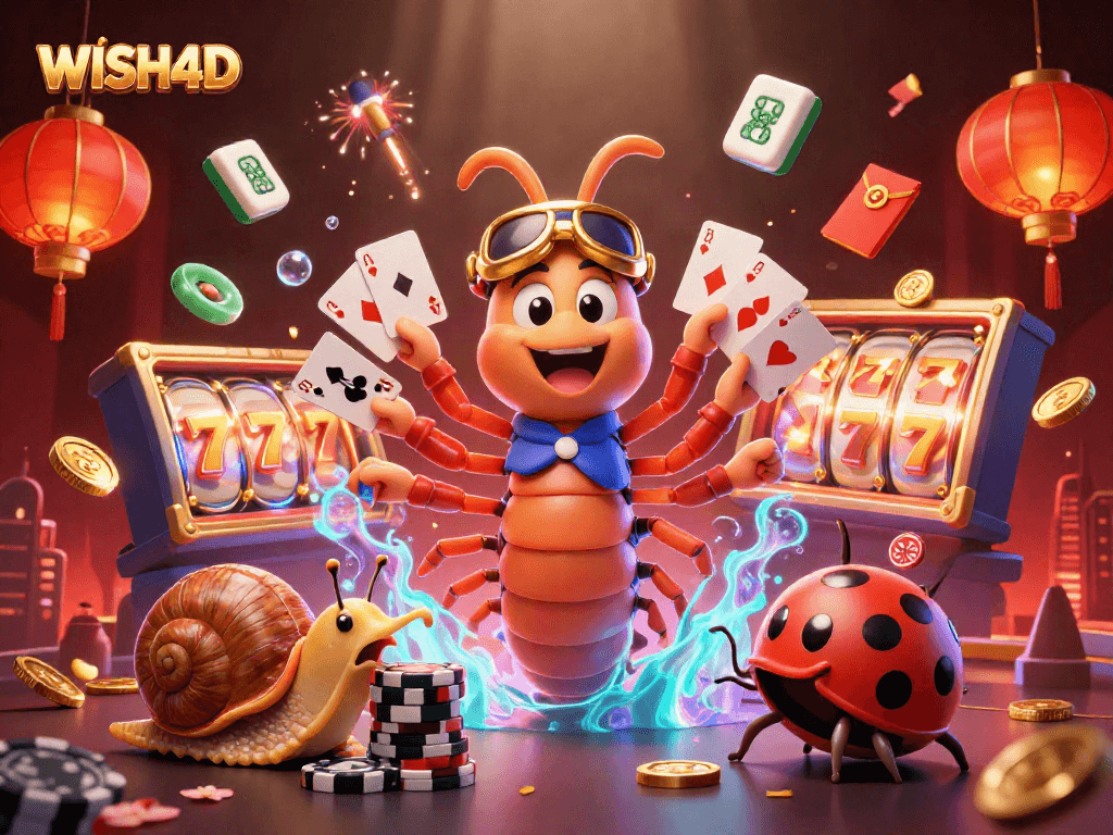 Engage with WISH4D in an exciting 3D casino illustration filled with vibrant characters and games.