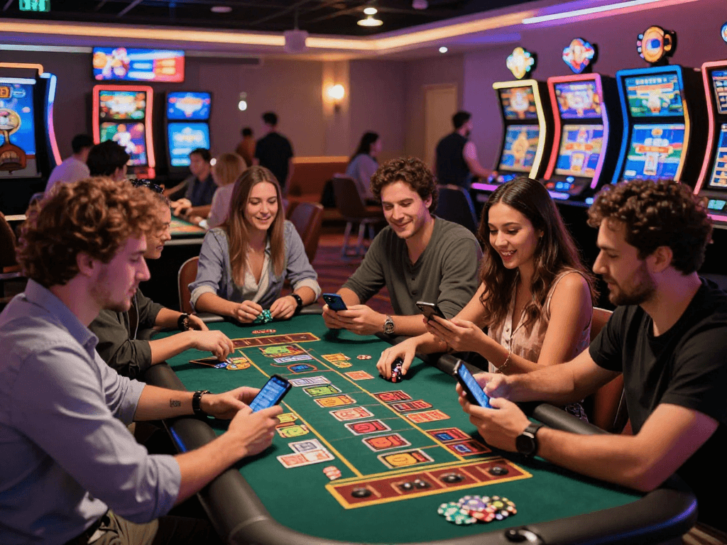 Experience the excitement of gaming with friends at an oxbet terminal in a vibrant casino setting