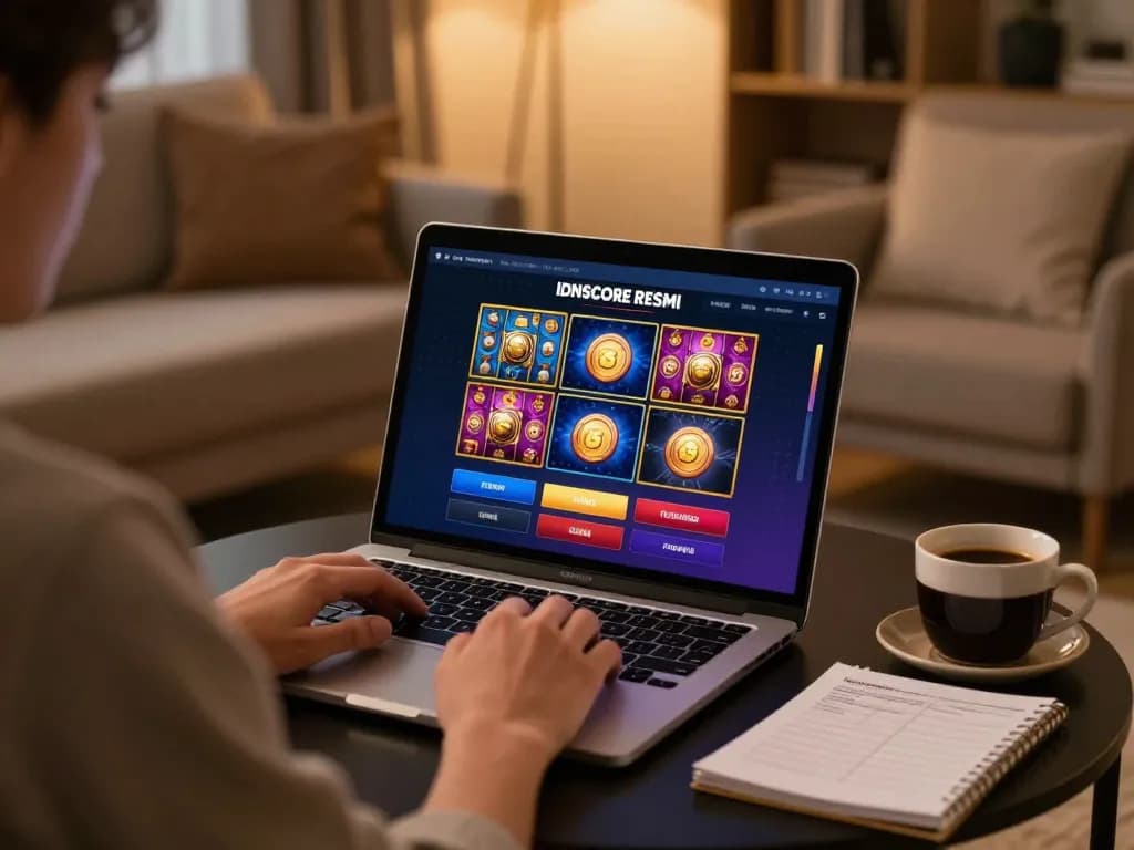 IDNSCORE RESMI player engaging with an exciting online slot game on their laptop in a cozy home setting.