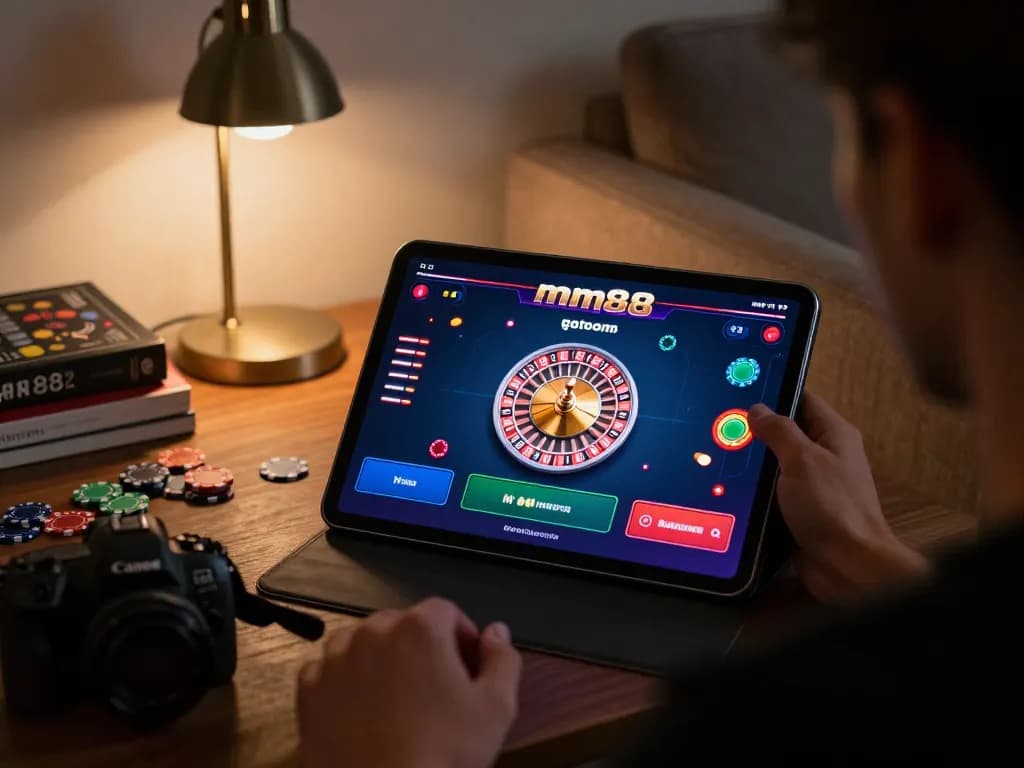 Player engaging with mm88 online roulette, focused on tablet gameplay in cozy living room.