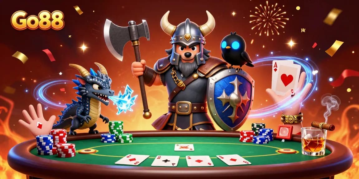 Engage with Go88's thrilling world of poker battles featuring a Viking wolf warrior, dragon, and intense game elements.