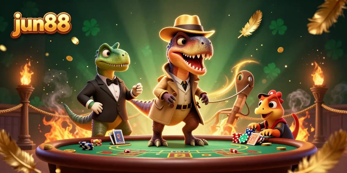 Experience thrilling blackjack action with jun88's cartoon velociraptor counter and dazzling casino elements.