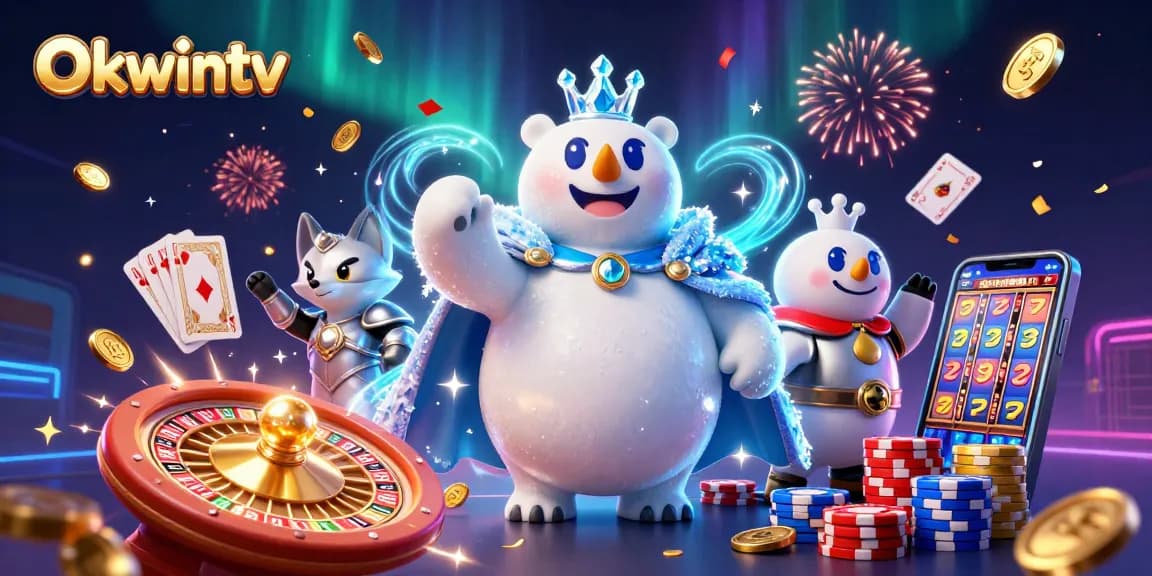 Experience Okwintv's gaming magic with a vibrant 3D illustration depicting riches and excitement.