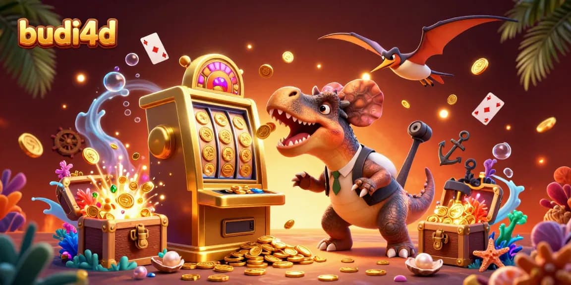 Experience thrilling wins with budi4d as a pachycephalosaurus hits a golden slot machine, coins flying everywhere.