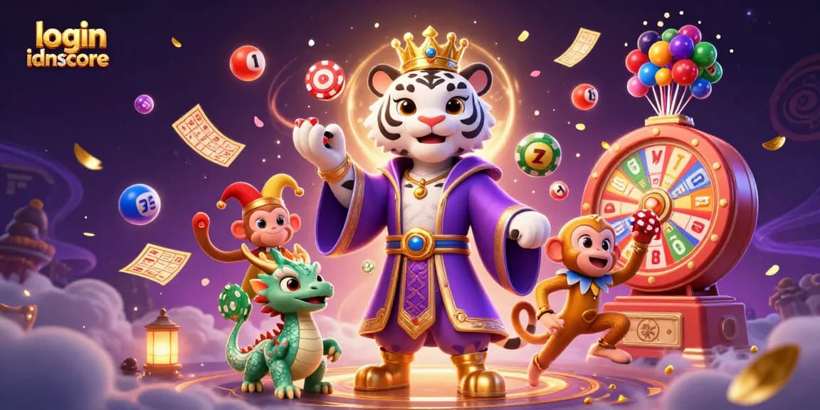Engage with login idnscore in this vibrant 3D illustration of competitive gaming elements and joyful characters.