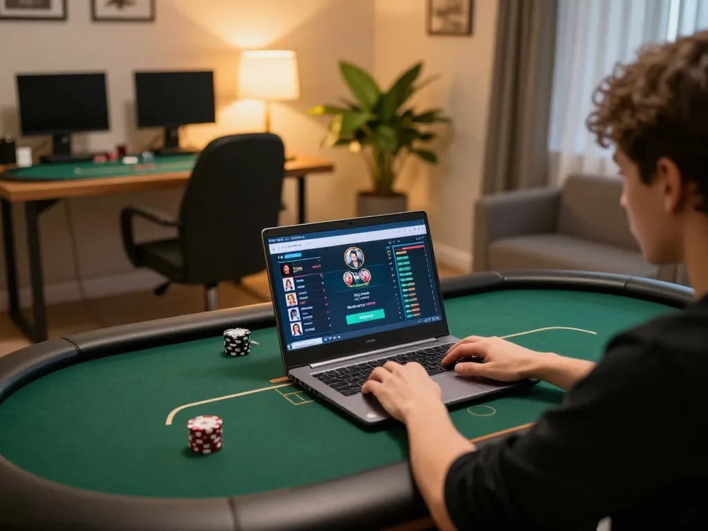 Person strategizing in a poker game, embodying TR88 online gaming experience with laptop and notes.
