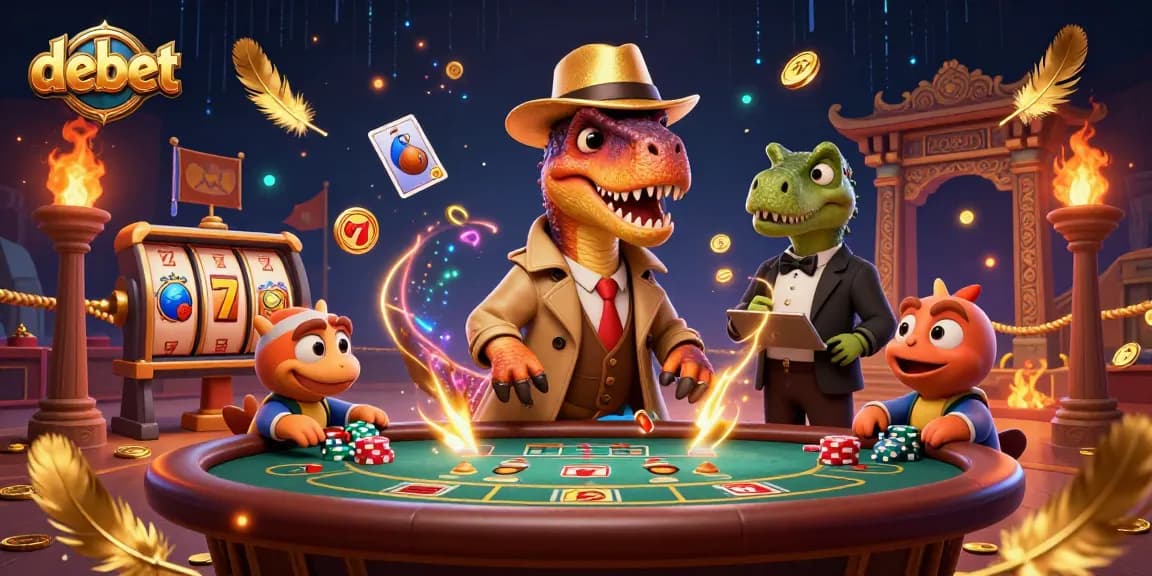 Experience debet thrills with a velociraptor card counter at a busy blackjack scene.