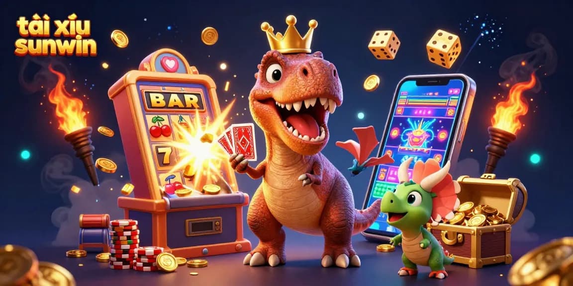 Experience the excitement of tài xỉu sunwin with a playful T-Rex, vibrant slot machines, and golden chips!