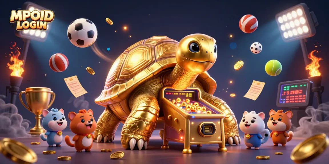 MPOID LOGIN offers a vibrant gaming experience with golden tortoise pinball machine and lively betting elements.
