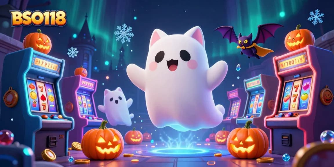 Experience thrilling gaming at BSO118 with a ghostly cat and vampire bat in a vibrant haunted casino scene.