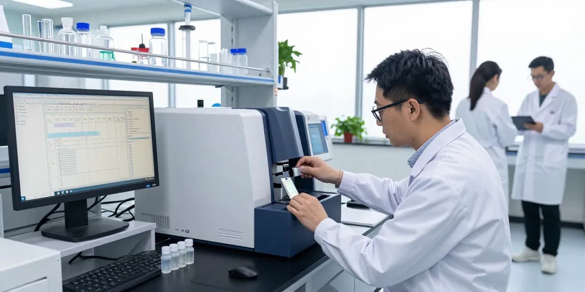Aegean Labs scientist conducting HPLC analysis in a modern lab, showcasing precision in peptide testing.
