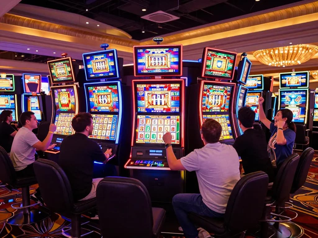 Players enjoying vibrant Slot Gacor machines in a lively casino, celebrating wins together.