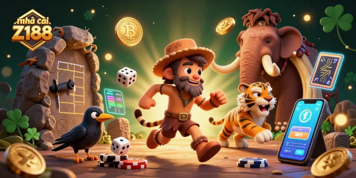 Engage in thrilling gameplay at nhà cái Z188, featuring a prehistoric casino scene with vibrant crypto elements.