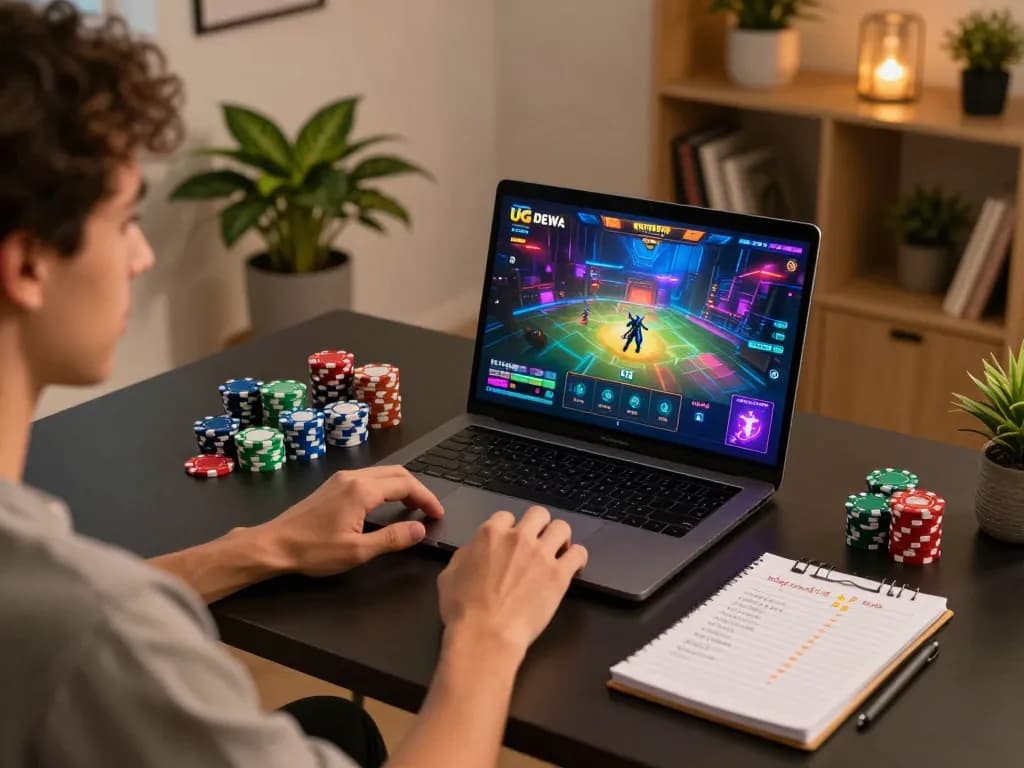 Engaging in online gaming with UG DEWA, a player strategizes while gaming at their desk.