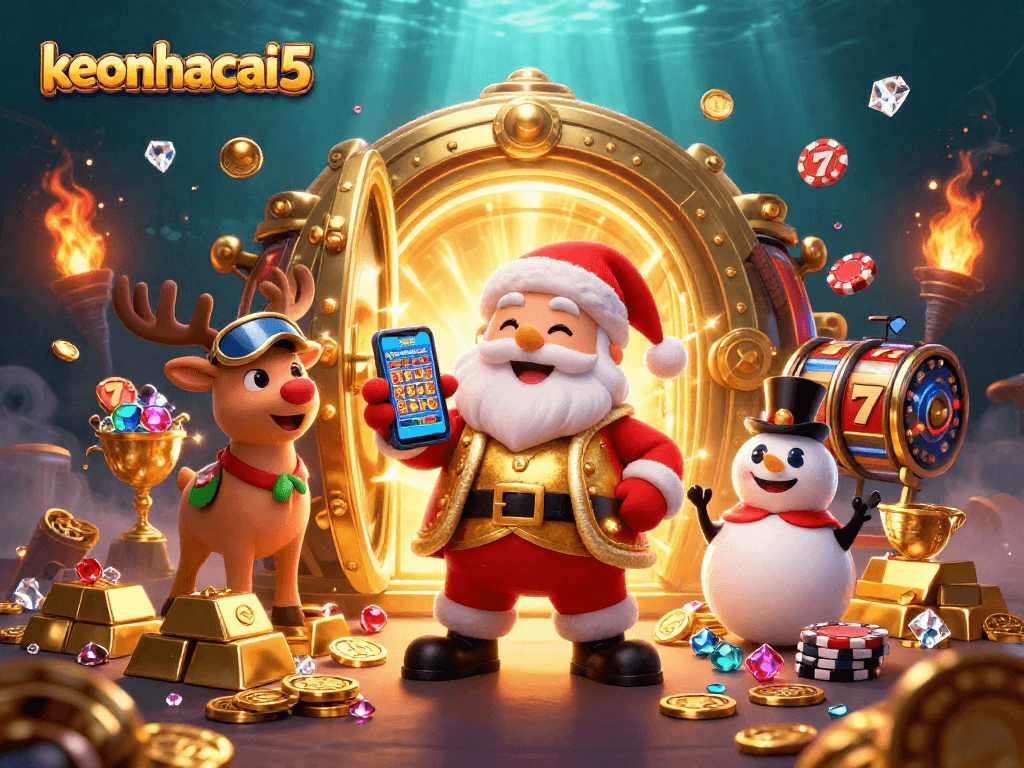 Experience jackpot thrills with keonhacai5 depicted in a vibrant casino illustration.