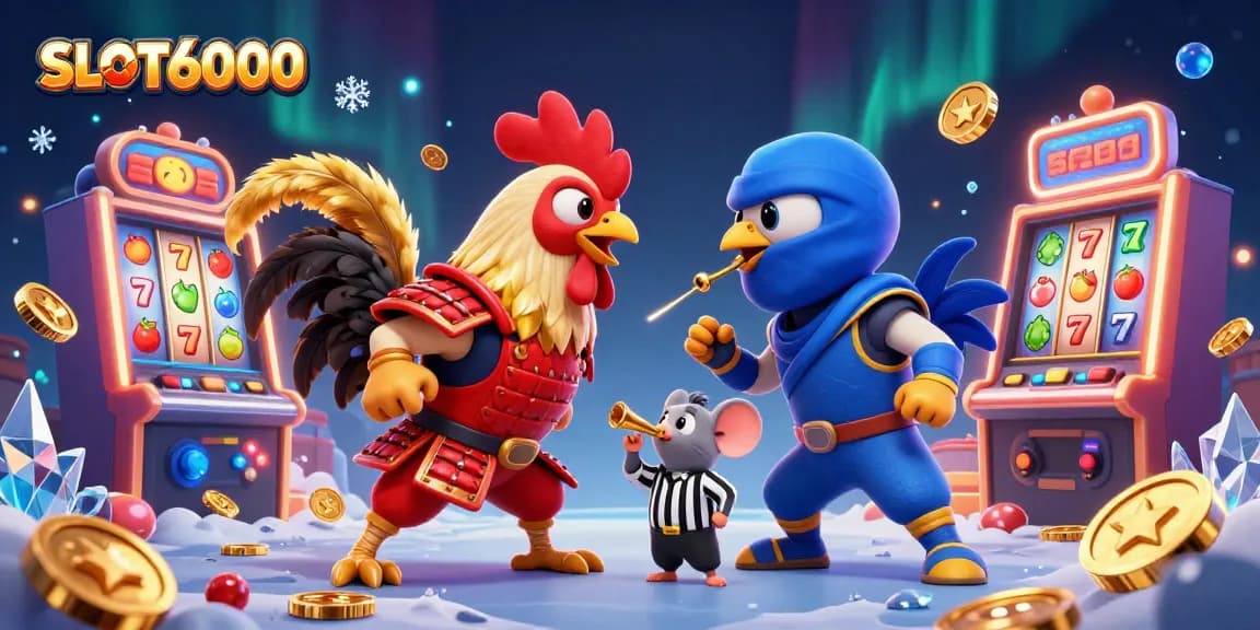 SLOT6000 slot machine scene with cartoon roosters in battle mode surrounded by casino elements.