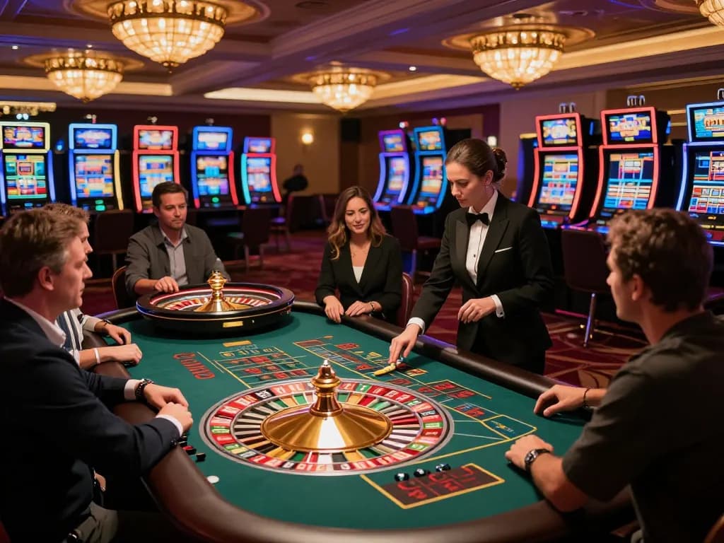 Experience the excitement of TG88 at a luxurious casino roulette table, players engaged in the thrill of betting.