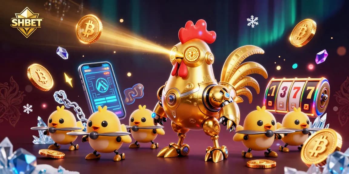 SHBET showcases its unique 3D illustration of a golden rooster robot amidst vibrant gaming elements.