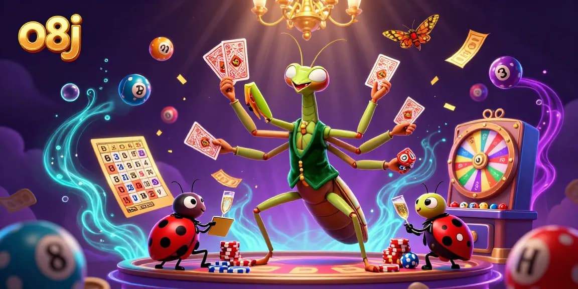 Engage with the vibrant world of o8j, featuring a cartoon mantis dealer managing a lively casino atmosphere.