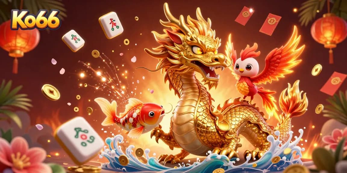 Ko66 offers thrilling gameplay with a golden dragon, phoenix, and koi, surrounded by casino elements.