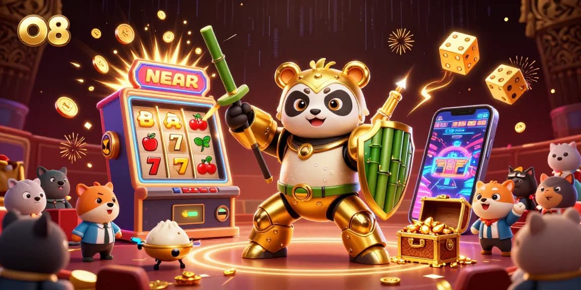 O8 showcases a vibrant casino scene with a golden panda mech and slot machine action.