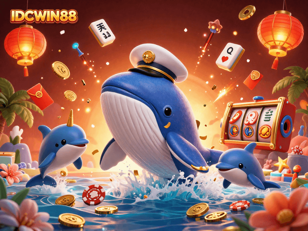 Engage with IDCWIN88's vibrant 3D casino illustration showcasing a whale and playful dolphins amidst slot reels.