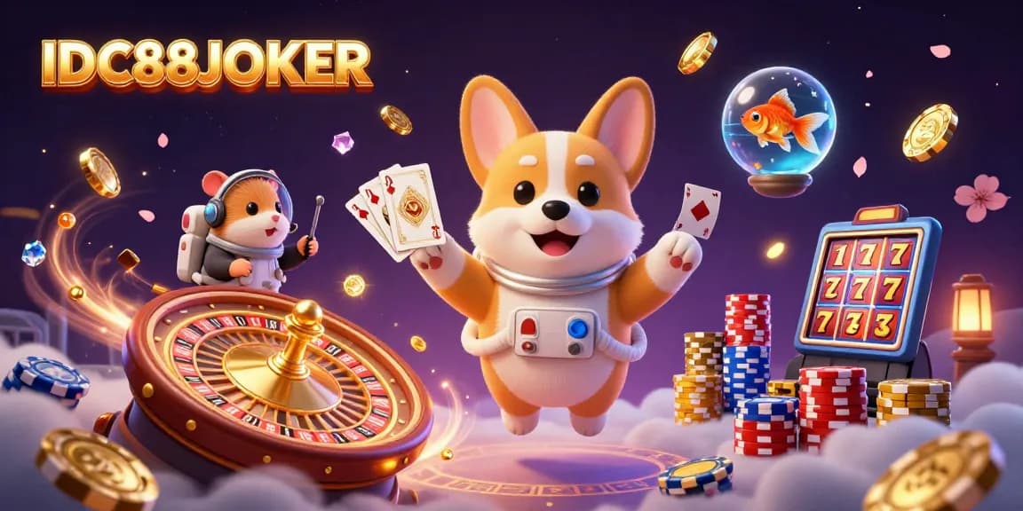 Experience thrilling gaming with IDC88JOKER in a colorful casino filled with drifting poker chips and coins.