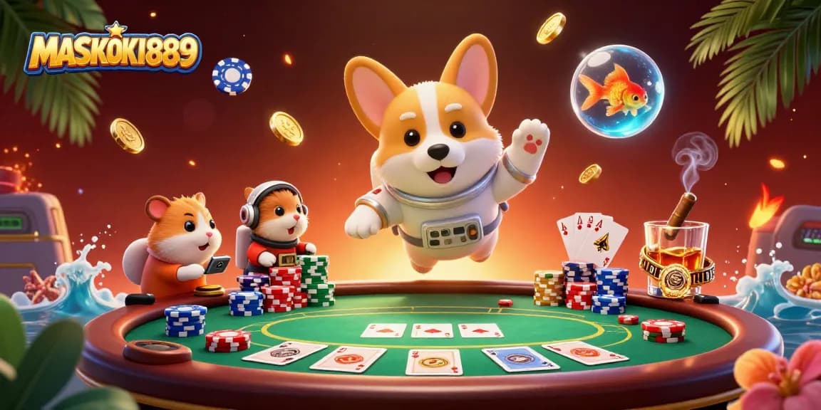 Experience the thrills of MASKOKI889 with a floating corgi in a space station casino scene.