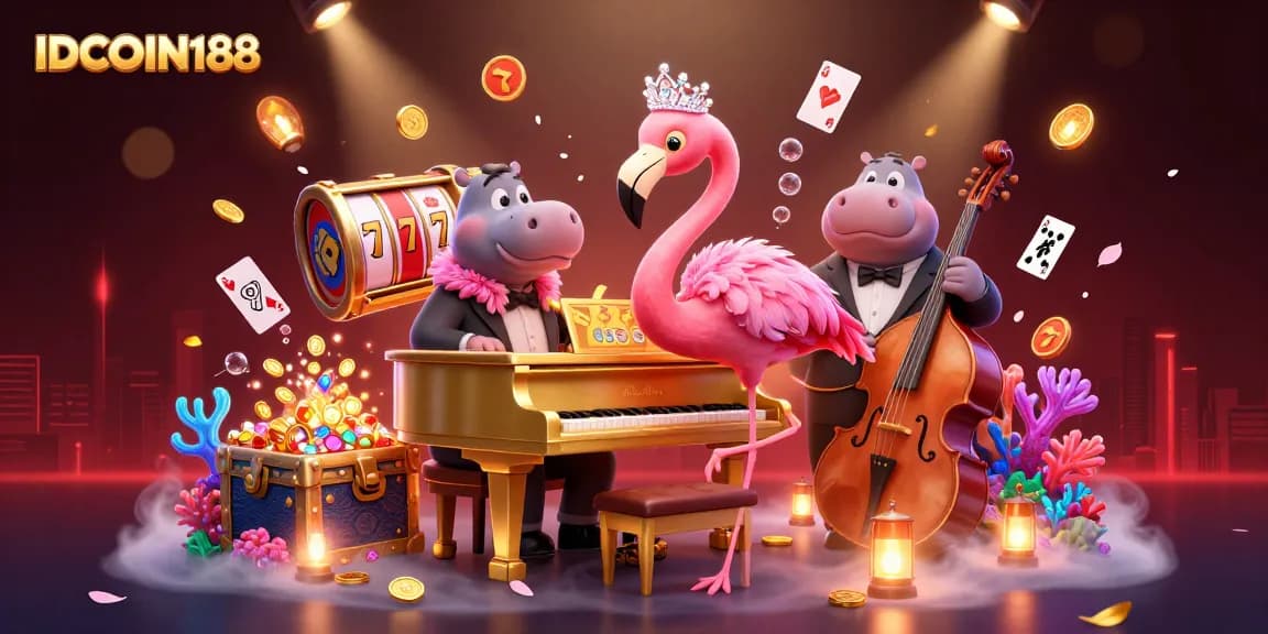 IDCOIN188 captures a vibrant casino scene with a flamingo singer and hippo bassist surrounded by stunning game elements.