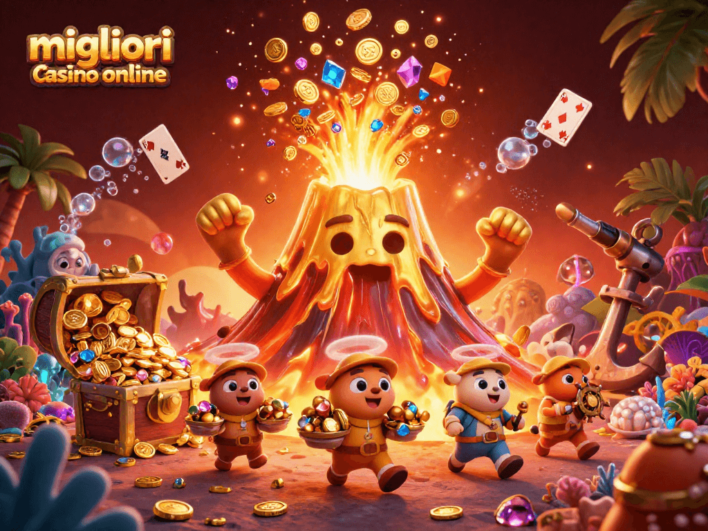 Immagine dei migliori casino online con un vulcano d'oro che erutta monete e animali esploratori che fuggono con tesori.