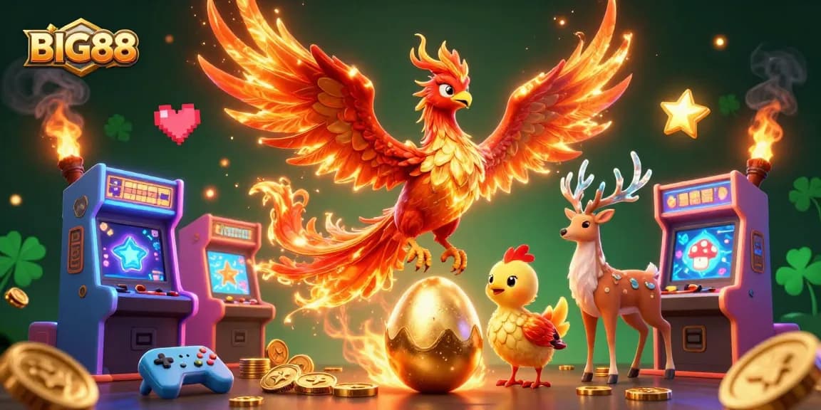 BIG88 players enjoy vibrant gaming with a soaring phoenix and baby, amidst glowing casino elements.