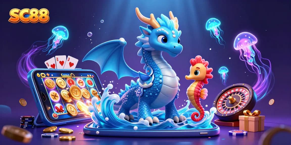 Engage with SC88's vibrant 3D illustration showcasing thrilling casino elements and creatures.