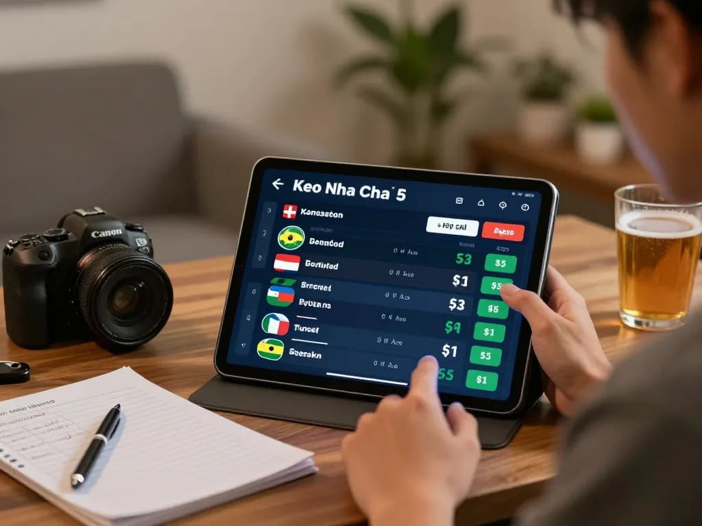 Engaged individual analyzing Keo Nha Cai 5 odds on a tablet while managing budget and strategy notes